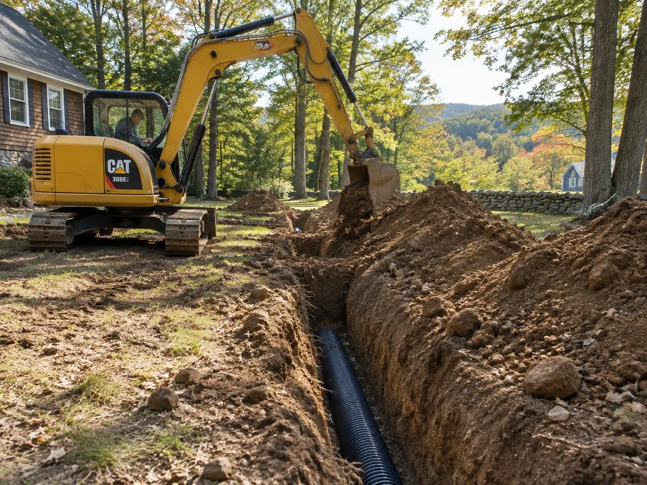 Excavator trenching for drainage on a Connecticut home site